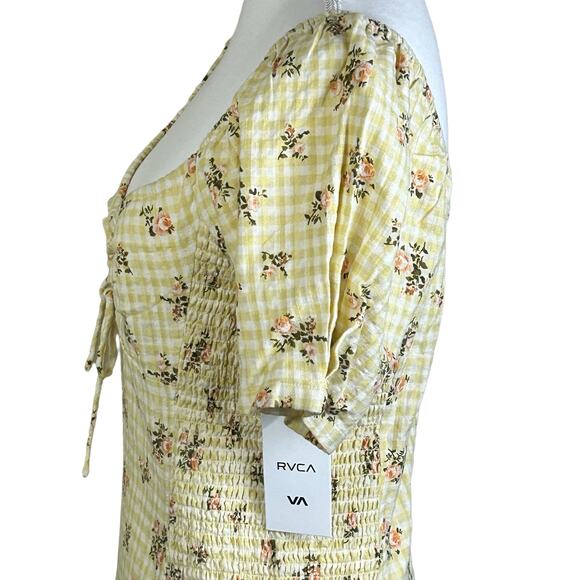 RVCA Dress Gretel Golden Floral Yellow Keyhole Tie Smocked Sides Cotton Mini - Picture 5 of 12
